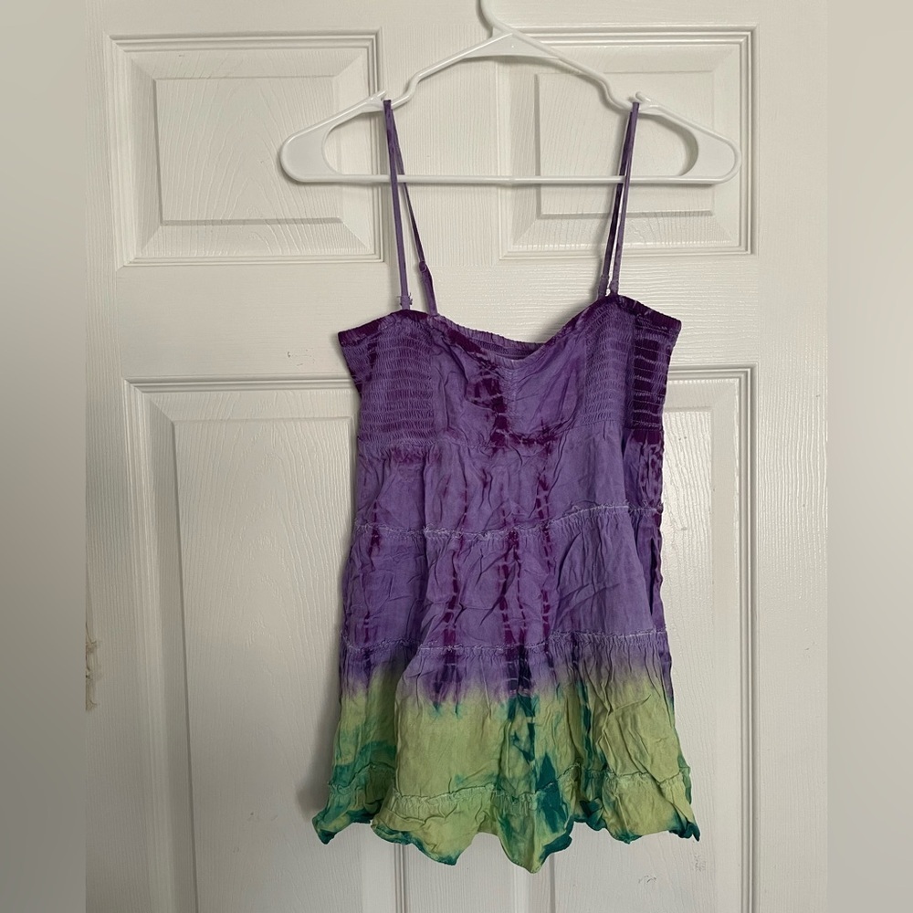 Vintage Free People Purple/Green Tie Dye Boho Smocked Tank Top/Strapless Size 6